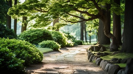 A path that leads to the growth of trees in a tranquil area.