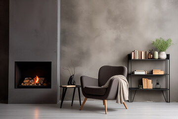 Modern grey chair by fireplace against concrete wall with shelves. Scandinavian home interior design of living room