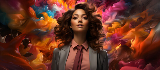 Dynamic and empowering woman in colorful abstract background. Generative AI
