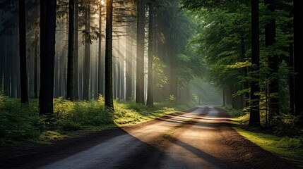 Obraz premium A road in the forest that is sunny and surrounded by green trees during summer.