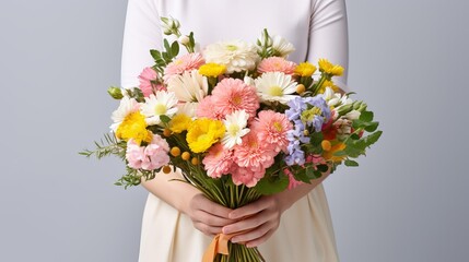 A woman florist is holding a bouquet of flowers on a white background