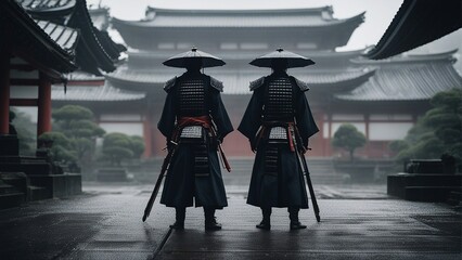Samurai with a weapon sword is standing in front of an old Japanese temple shrine; rainy day with grey background

