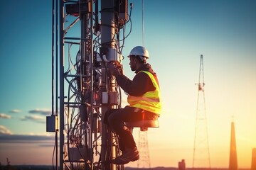 Technician installing new antennas for fast internet on a 5g telecommunications tower checks connections - obrazy, fototapety, plakaty