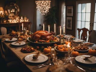Fototapeta na wymiar Thanksgiving dinner table for 4 in a modest house. anahtar kelimeleri ver