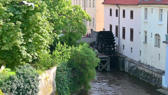 Prague,Czech Republic, August 4,2023. Beautiful view from the Charles Bridge towards the watermill on Kampa Island. Points of interest in the city.