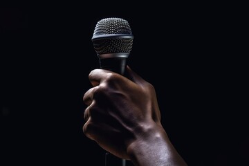 Man hands holding microphone on stand with black background