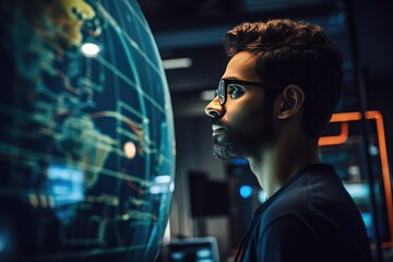 Young IT technician side view portrait in tech office.