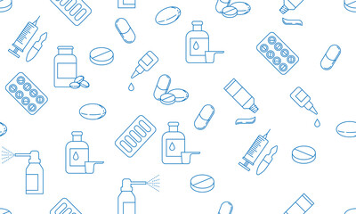 Seamless pattern. Pills, medications and other medical-related drawings on a white background for business and advertising. Vector
