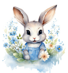 a watercolor illustration of a cartoon rabbit with flowers,