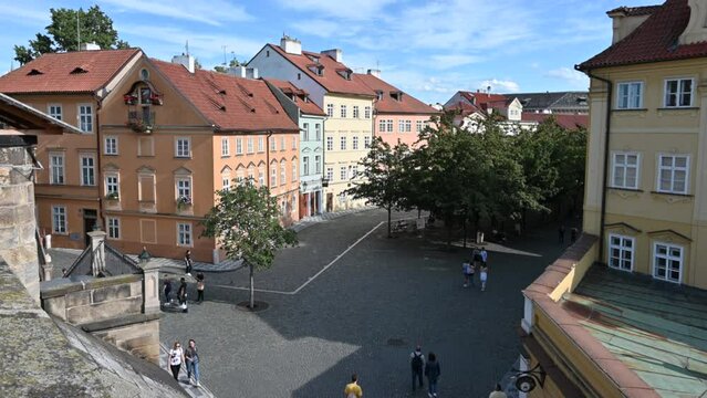 Prague,Czech Republic, August 4,2023. Beautiful view from the Charles Bridge towards Kampa Island. Tilt movement, beautiful summer day. Points of interest in the city.