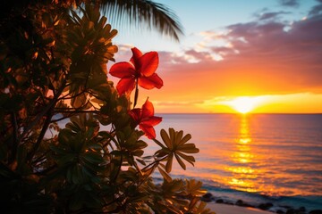 A beautiful sunset by a flower lined coast.