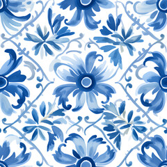 Azulejos, Portuguese blue floral blossom mozaic tiles pattern, Watercolor tileable illustration.