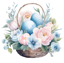 easter basket filled with blue and white eggs,