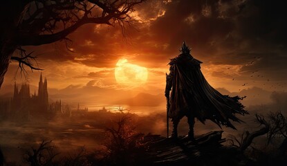 the knight standing in the sun wearing dark magic armor