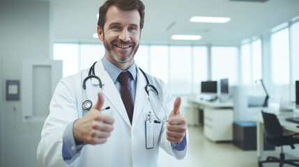 Doctor showing thumbs up at hospital - obrazy, fototapety, plakaty