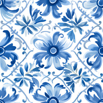 Azulejos, Portuguese blue floral blossom mozaic tiles pattern, Watercolor tileable illustration.