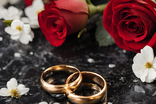 Two gold wedding rings on a black marble table with red flowers. photo created using Playground AI platform