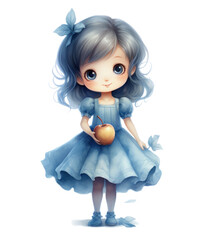 illustration of a bunny in blue dress with an apple,