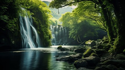 There is a waterfall that has green trees on both sides.