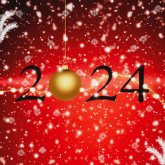 New Year's 2024 red snowy Christmas winter background with falling snow and gold ornament hanging from top.