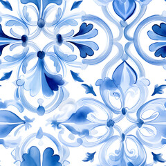 Fototapeta na wymiar Azulejos, Portuguese blue floral blossom mozaic tiles pattern, Watercolor tileable illustration.