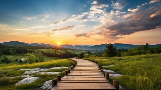 A view point on a wooden walkway in a picturesque rural setting.