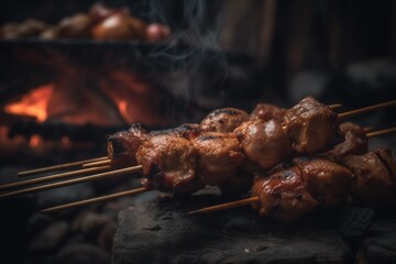 Mshikaki. Skewered meat grilled over open coals. African National Food Dish.  - obrazy, fototapety, plakaty