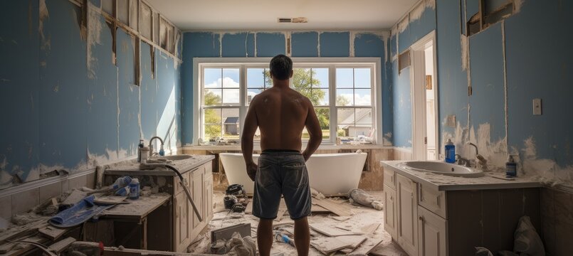 man standing in bathroom being renovated by remodeling contracto