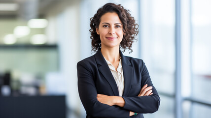 Portrait of beautiful smiling latino american business woman standing in her office. 

