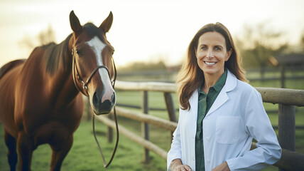 Portrait and woman doctor at farm, care or smile, animal or nature. Vet, nurse and equine healthcare expert helping for wellness. - obrazy, fototapety, plakaty