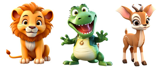 Zestaw trzech uroczych postaci kreskówek lew krokodyl antylopa na przezroczystym tle PNG.