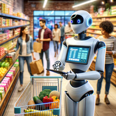 Humanoid robot working as a cashier in a bustling grocery store
 - obrazy, fototapety, plakaty