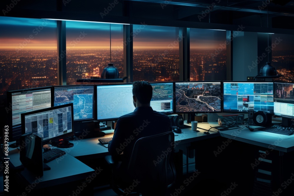 Poster a control room with multiple computer screens displaying security feeds and a sole operator.
