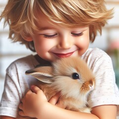 Adorable little child boy playing with a funny real bunny in a white sunny room