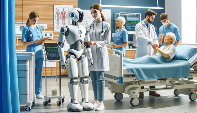 Humanoid robot assisting in a medical clinic or hospital