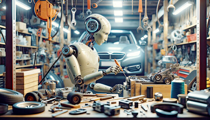 Humanoid robot working as a mechanic in an automobile workshop