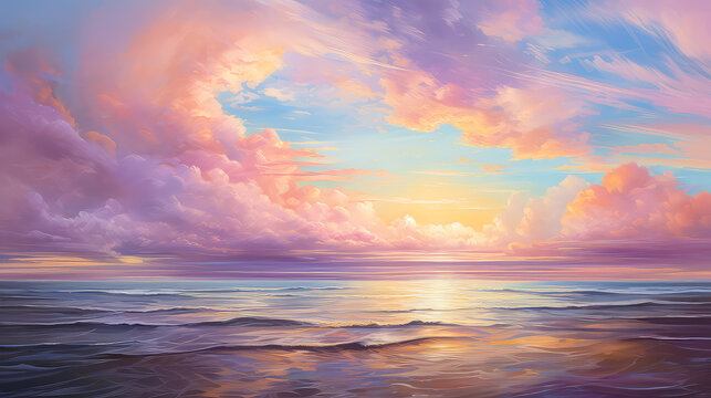 Panoramic seascape at beautiful sunset. Nature composition. Colorful sky with clouds.
