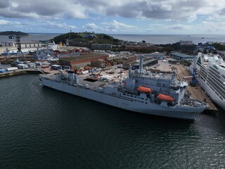 RFA Argus (A135) docked at Falmouth dockyard drone,aerial