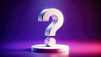 A striking white question mark stands out on a glossy surface against a vivid purple backdrop, symbolizing concepts of inquiry, curiosity, and the search for answers in a clean, minimalistic style.