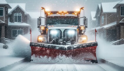 A formidable snowplow truck head-on, its lights piercing through a blizzard as it pushes snow off a residential road.  - obrazy, fototapety, plakaty