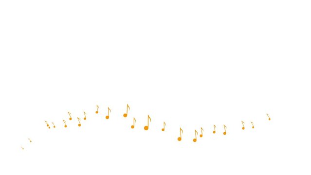 Animated orange notes fly from left to right. A wave of flying notes. Concept of music. Vector illustration isolated on the white background.