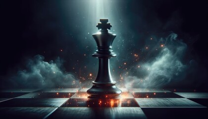 A chess king piece on a board, surrounded by a dramatic play of glowing embers and mysterious mist. 