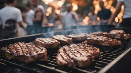 Foto op Canvas close-up of fried steaks on the barbecue, blurred image of people having fun together in the background  © abu