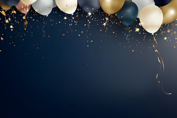 Gold and white balloons with glitter on navy background