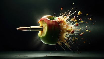 An impactful high speed photo capturing a bullet without a shell casing as it pierces through an apple. - obrazy, fototapety, plakaty