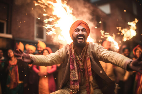 Punjabi religious people performing bhangra dance, celebrating lohri festival