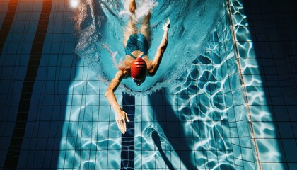 A top down view of a swimmer, mid-stroke in the serene waters of a swimming pool. 