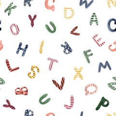 Alphabet background. Watercolor drawing of colored letters on white. Children's school decoration. Cartoon jungle font. Packaging and fabric design.