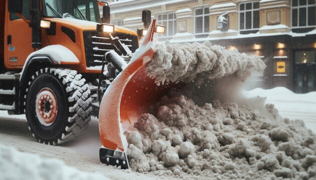 A close up image of a heavy-duty orange snowplow pushing through dense snow on a city street. 
