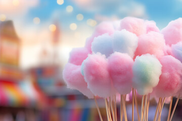 Multi-colored cotton candy on wooden sticks, Carnival background, Generative AI